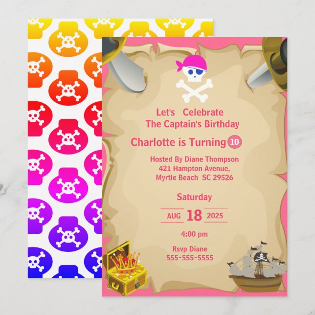Girls Pirate Skull Map Birthday Party  Invitation (Front/Back)