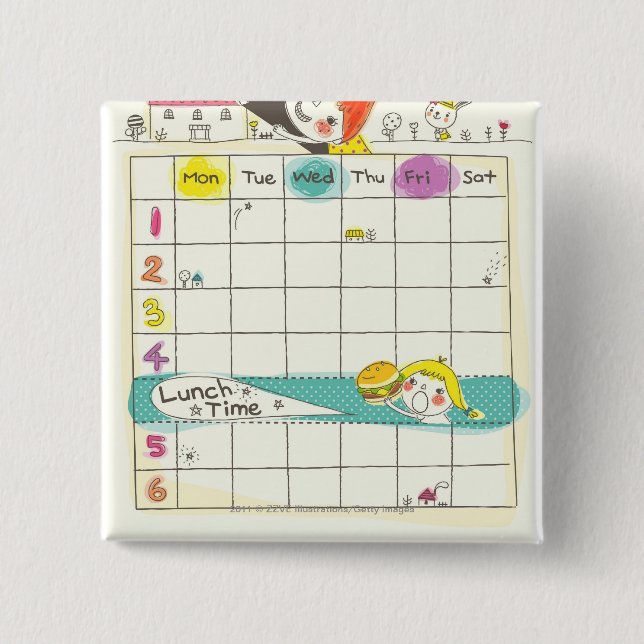 Girls playing by school and timetable 2 inch square button (Front)