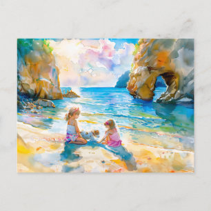 Girls playing by seaside rock arch watercolor holiday postcard