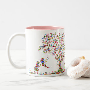 Girls playing on swing Two-Tone coffee mug