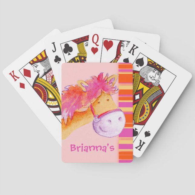 Girl's pony pink yellow named playing cards (Back)