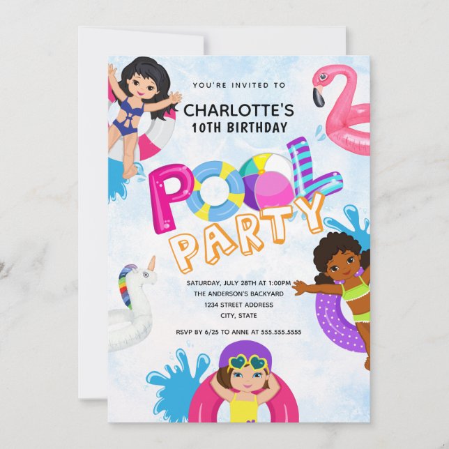 Girls Pool Party 10th Birthday Invitation (Front)