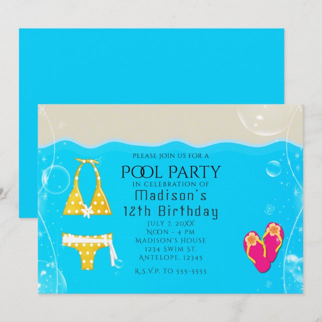 Girls Pool Party Bikini Birthday Swim Invitations (Front/Back)