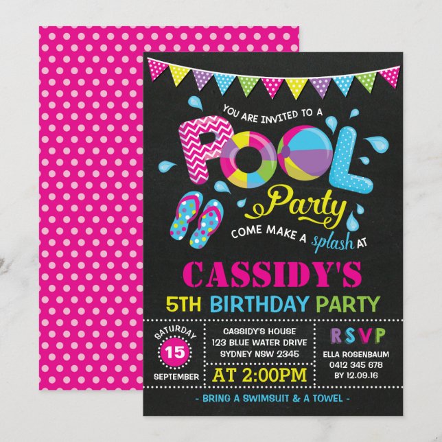 Girls Pool Party Birthday Chalkboard Invitation (Front/Back)
