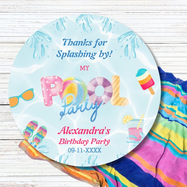 Girls Pool Party Birthday Favour Thank You Classic Round Sticker (Creator Uploaded)