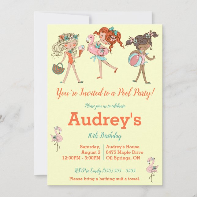 Girls' Pool Party Birthday Party Invitation (Front)