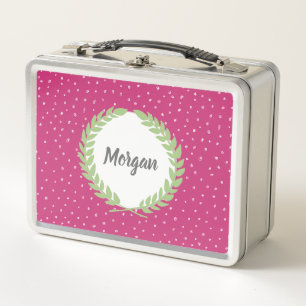 Girls Popcorn Polka Dot Pattern With Wreath & Name Metal Lunch Box