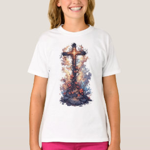 Girl's Pretty Floral Christian Cross Tee Shirt