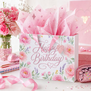 Girls Pretty Happy Birthday Silver Pink Floral  Large Gift Bag