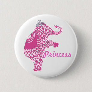Girls Pretty Pink Princess Elephant Button Badge