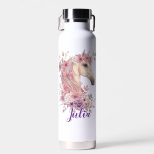 Girls Pretty Ponies Pastel Floral Horse Water Bottle
