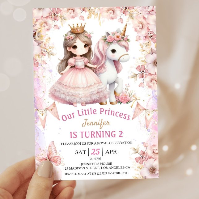 Girls Princess Unicorn 2nd Birthday Invitation (Creator Uploaded)