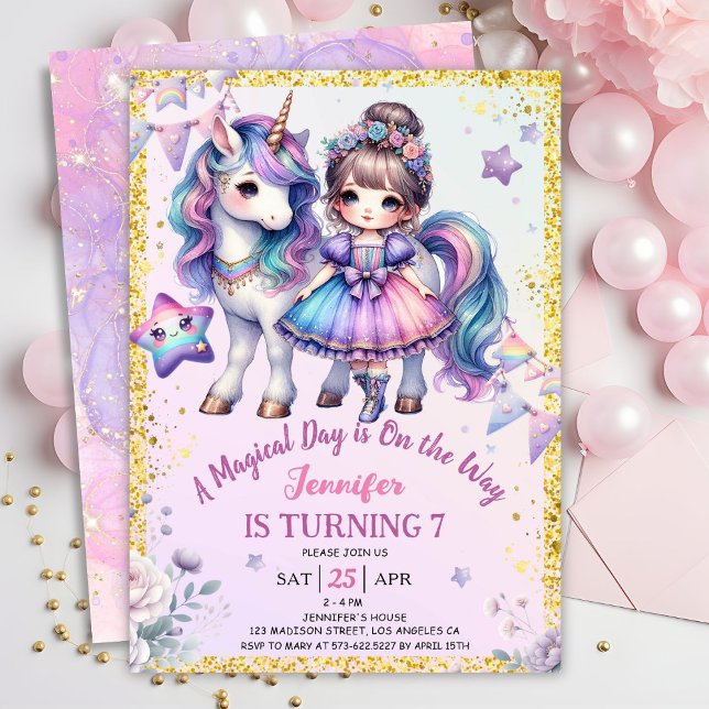 Girls Princess Unicorn 7th Birthday Purple Gold Invitation (Creator Uploaded)