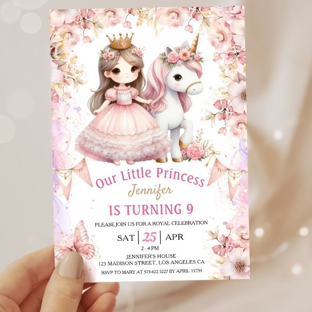 Girls Princess Unicorn 9th Birthday Invitation (Creator Uploaded)
