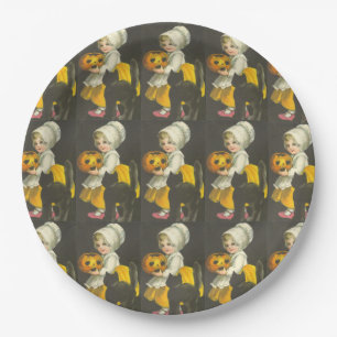 Girls Pumpkin Black Cat Vintage Halloween  Paper Plate