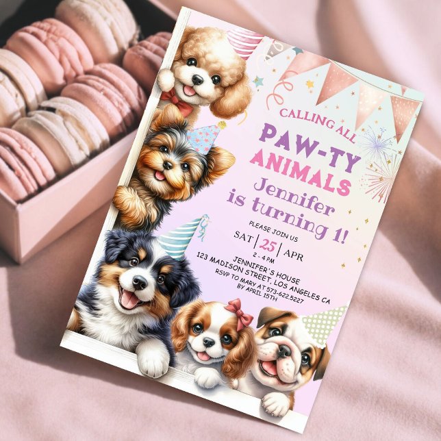 Girls Puppy Dog Pawty 1st Birthday Invitation (Creator Uploaded)