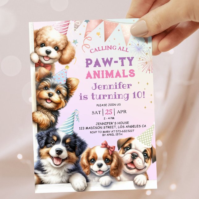 Girls Puppy Lets Pawty 10th Birthday Invitation  (Creator Uploaded)