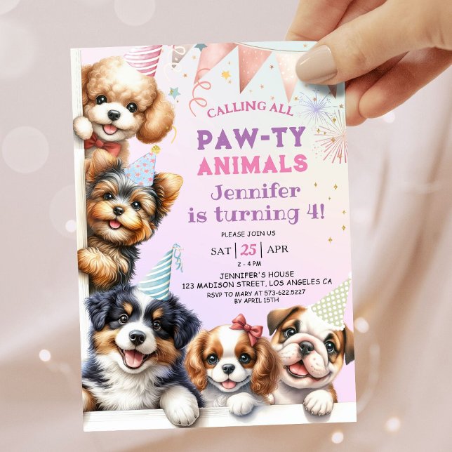 Girls Puppy Lets Pawty 4th Birthday Invitation (Créateur téléchargé)