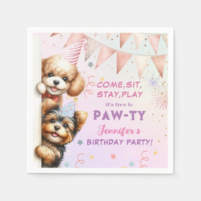 Girls Puppy Lets Pawty Birthday Napkin (Front)
