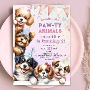 Girls Puppy Pawty Party 2nd Birthday Invitation