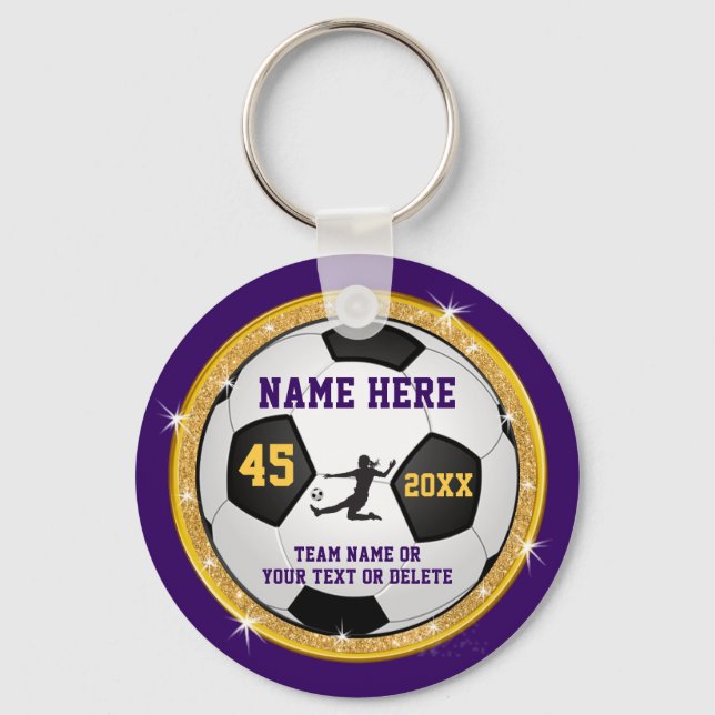 Girls Purple and Gold, Soccer Themed Party Favours Keychain (Front)