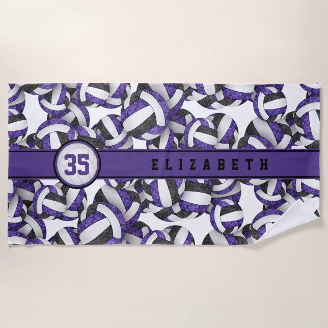 Girls purple black custom volleyball team colours beach towel (Front)