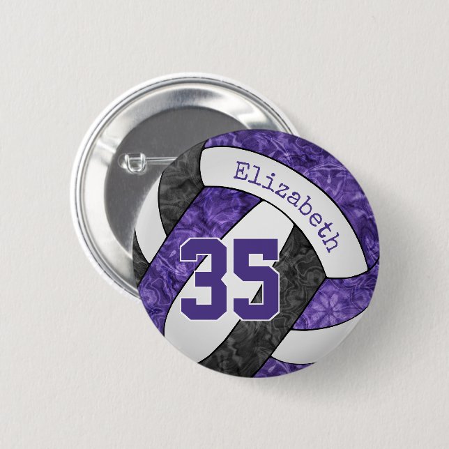 girls purple black volleyball team colours 2 inch round button (Front & Back)
