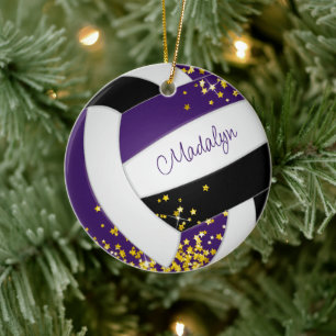 girls purple black volleyball with tiny gold stars ceramic ornament
