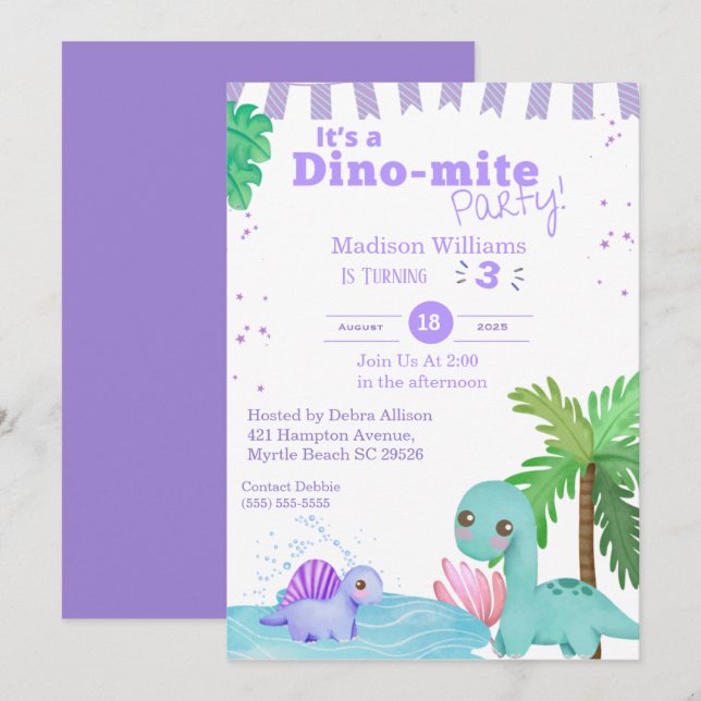 Girls Purple Dinosaur 3rd Birthday Party   Invitation (Front/Back)