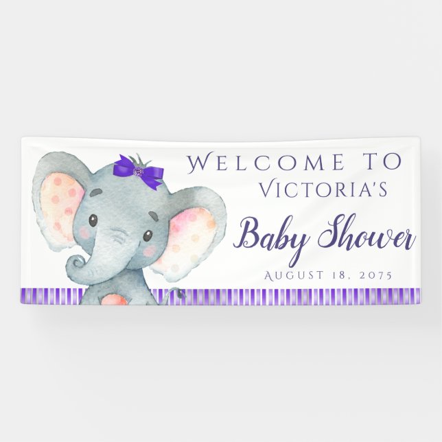 Girls Purple Elephant Baby Shower Banners (Horizontal)