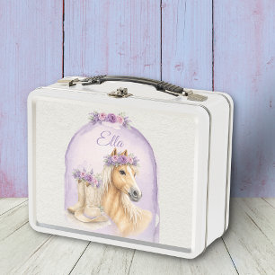 Girls Purple Floral Horse Metal Lunch Box