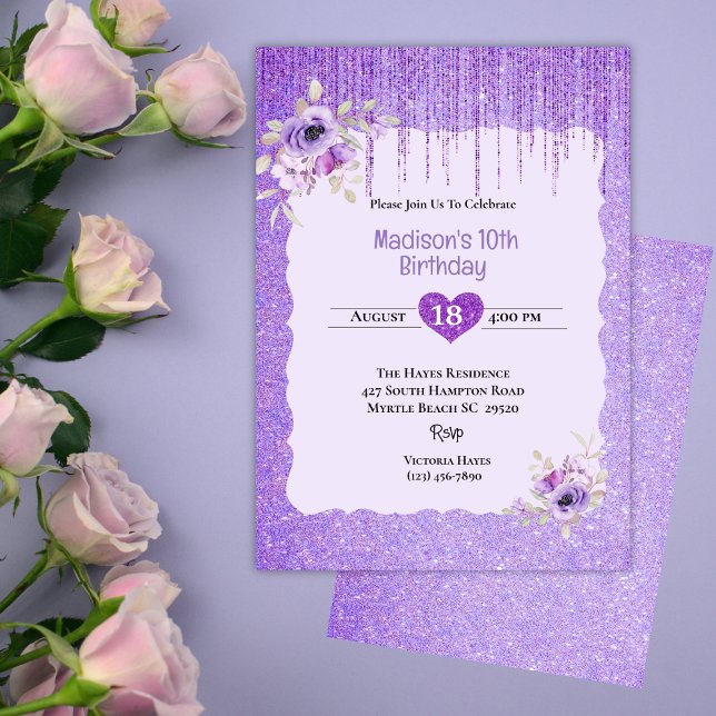 Girls Purple Glitter Floral 10th Birthday Party   Invitation (Creator Uploaded)