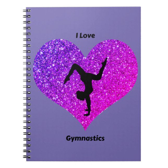 Girls Purple Glitter I Love Gymnastics Notebook (Front)
