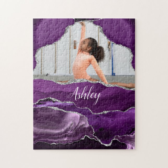 Girls Purple Glitter Personalized Photo and Name   Jigsaw Puzzle (Vertical)