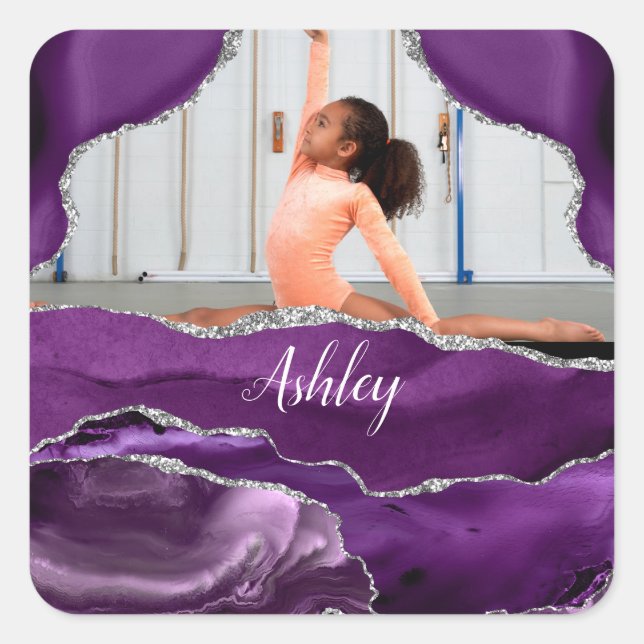 Girls Purple Glitter Personalized Photo and Name   Square Sticker (Front)