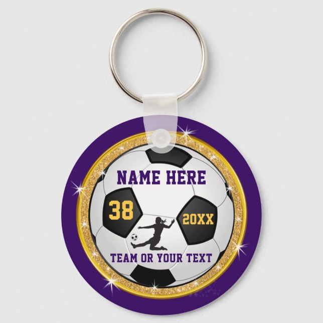 Girls Purple Gold Cheap Personalized Soccer Gifts Keychain (Front)