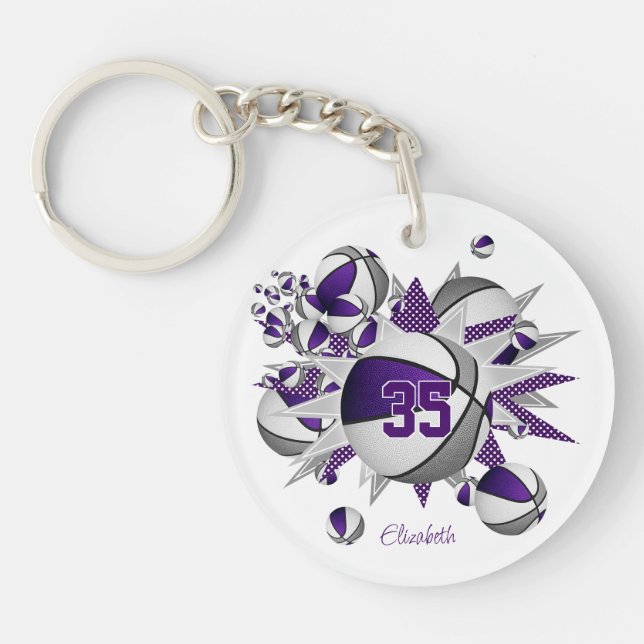 girls purple grey basketballs stars  keychain (Front)