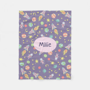 Girl's Purple Rocket Ship Space Pattern and Name Fleece Blanket