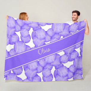girls purple softballs pattern monogrammed fleece blanket
