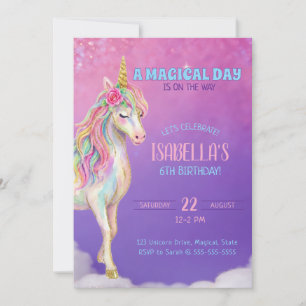 Girls Purple Unicorn Birthday Party Invitation