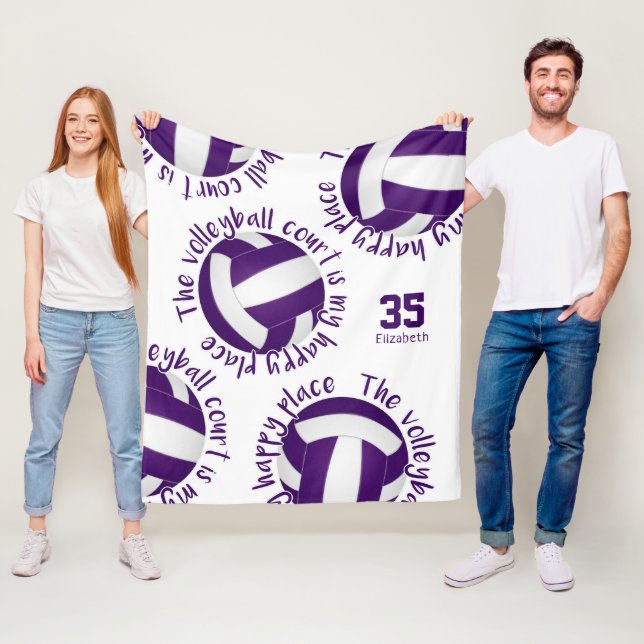 girls purple white volleyball court happy place fleece blanket (In Situ)