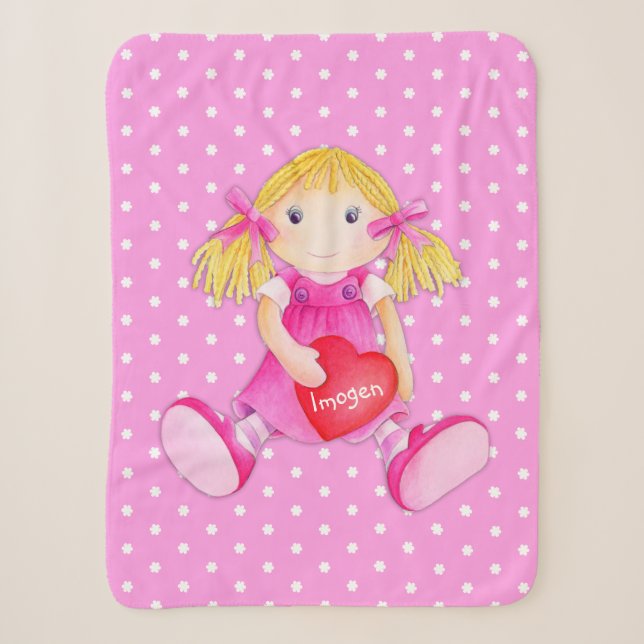 Girls rag doll dolly name flower polka dot blanket (Front)