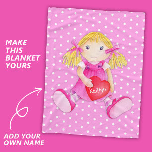 Girls rag doll dolly name flower polka dot blanket