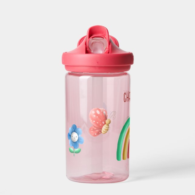 Girls Rainbow Butterfly Kids Personalized  Water Bottle (Front)