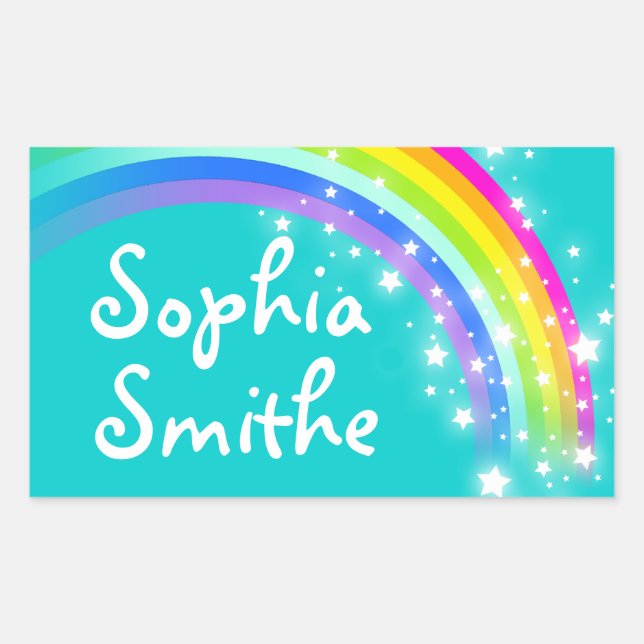 Girls rainbow name teal id label sticker (Front)