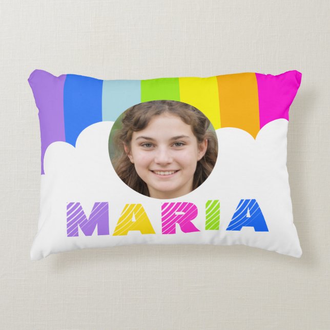girls rainbow stripe photo name pillow (Front)