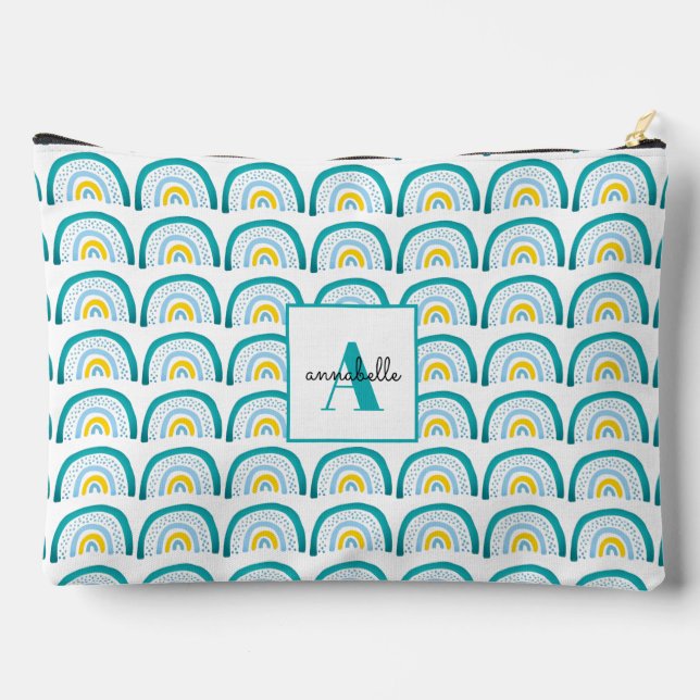 Girls Rainbow turquoise monogram Accessory Pouch (Back)