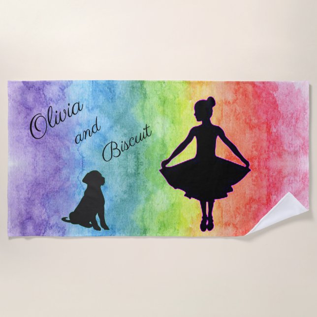 Girls Rainbow Watercolor Dancer and Dog Beach Towel (Front)