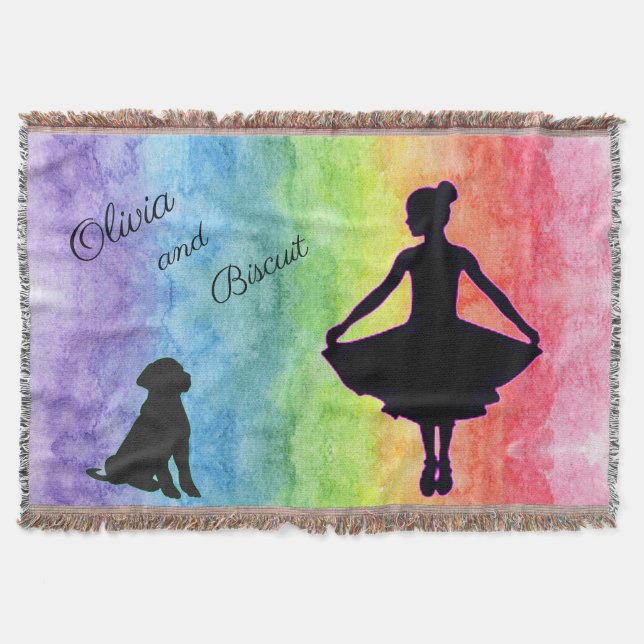 Girls Rainbow Watercolor Dancer and Dog Throw Blanket (Front)