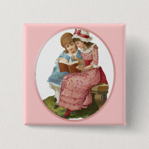 Girls Reading 2 Inch Square Button